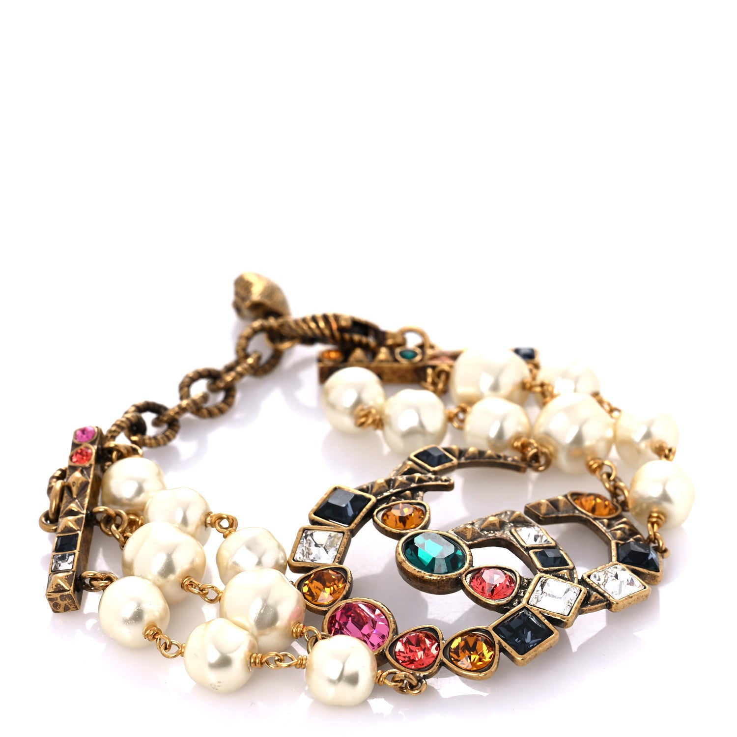 Gucci Metal Crystal Pearl Double G Bracelet Aged Gold Multicolor 3 of 8