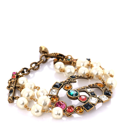 Gucci Metal Crystal Pearl Double G Bracelet Aged Gold Multicolor 3 of 8