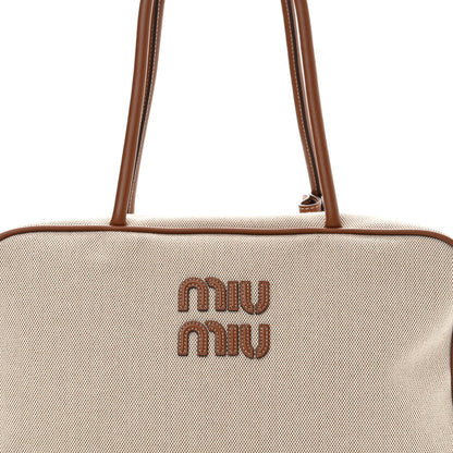 Miu Miu Canvas Calfskin Top Handle Bag Beige Brandy 7 of 10