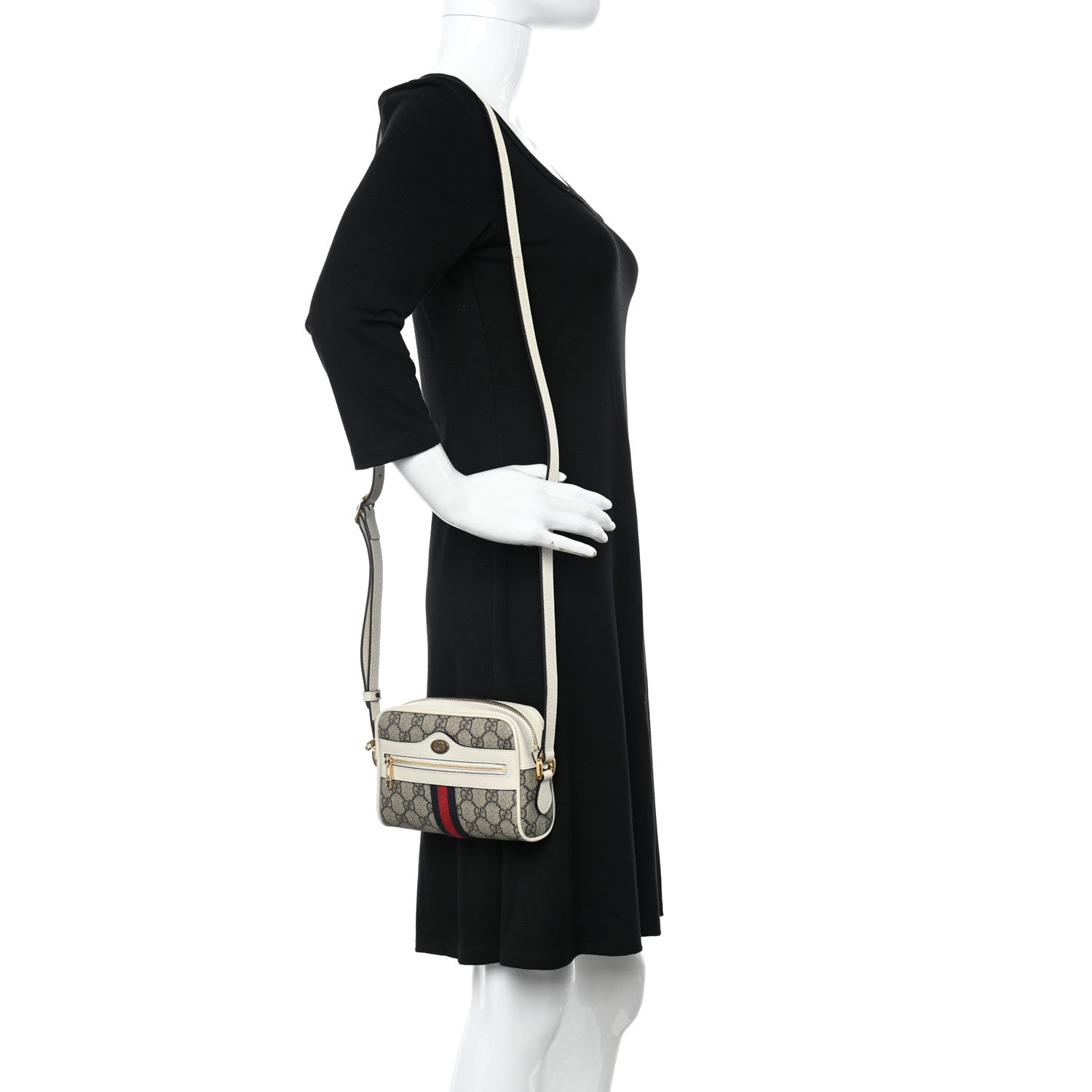 Gucci GG Supreme Monogram Textured Calfskin Web Mini Ophidia Shoulder Bag Beige Ebony Mystic White 2 of 13