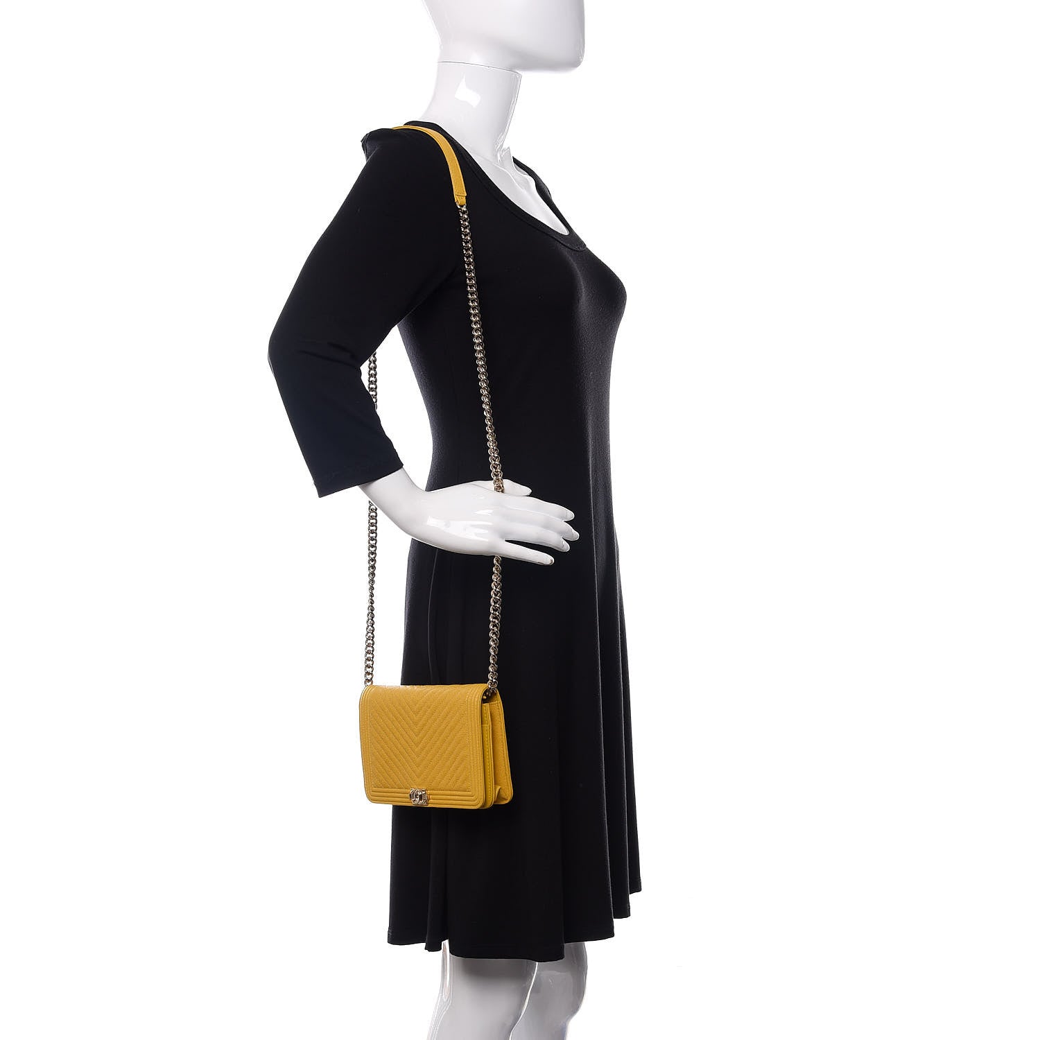 Chanel Caviar Chevron Quilted Boy Wallet On Chain WOC Yellow 2 of 12