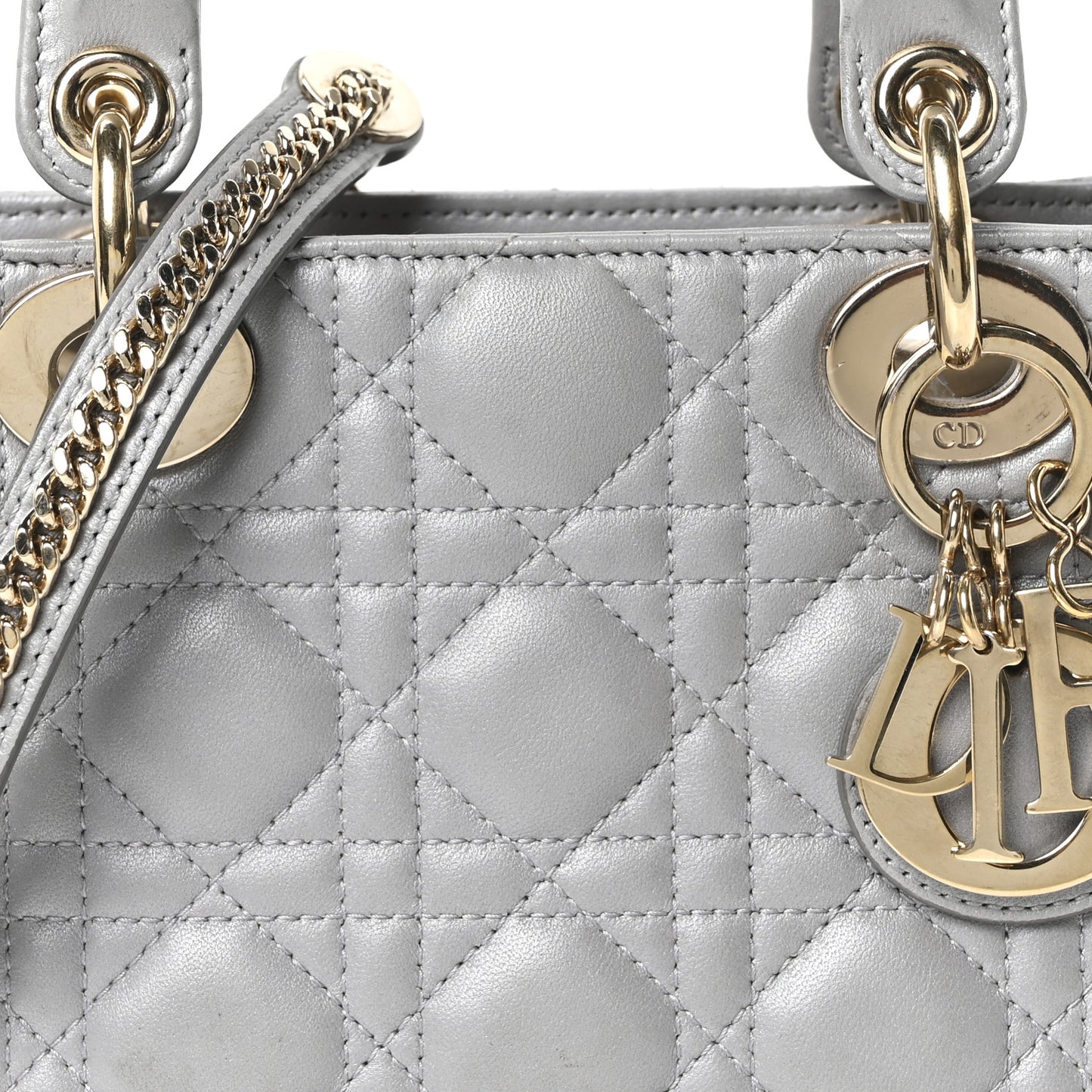 Metallic Lambskin Cannage Mini Lady Dior Gray