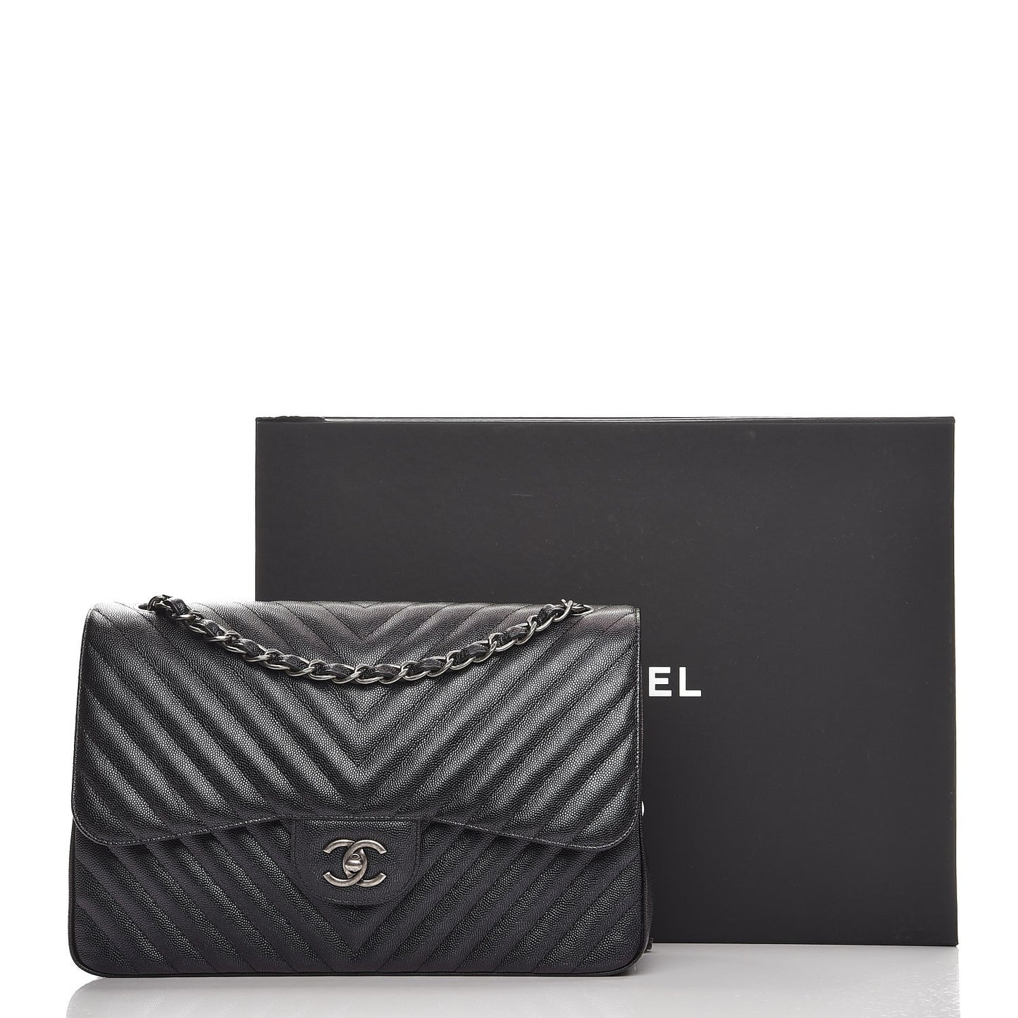 Metallic Caviar Chevron Quilted Jumbo Double Flap Black