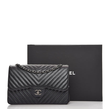Chanel Metallic Caviar Chevron Quilted Jumbo Double Flap Black 9 of 9