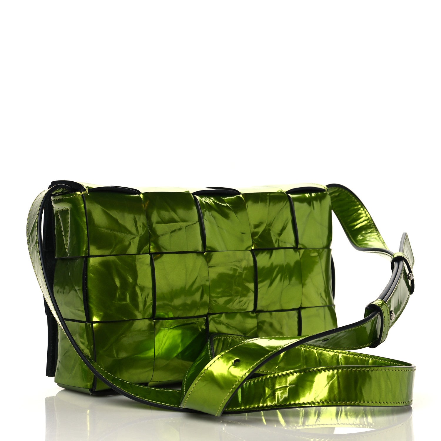 Bottega Veneta Metallic Crushed Calfskin Maxi Intrecciato Cassette Crossbody Bag Chlorophyll 3 of 9