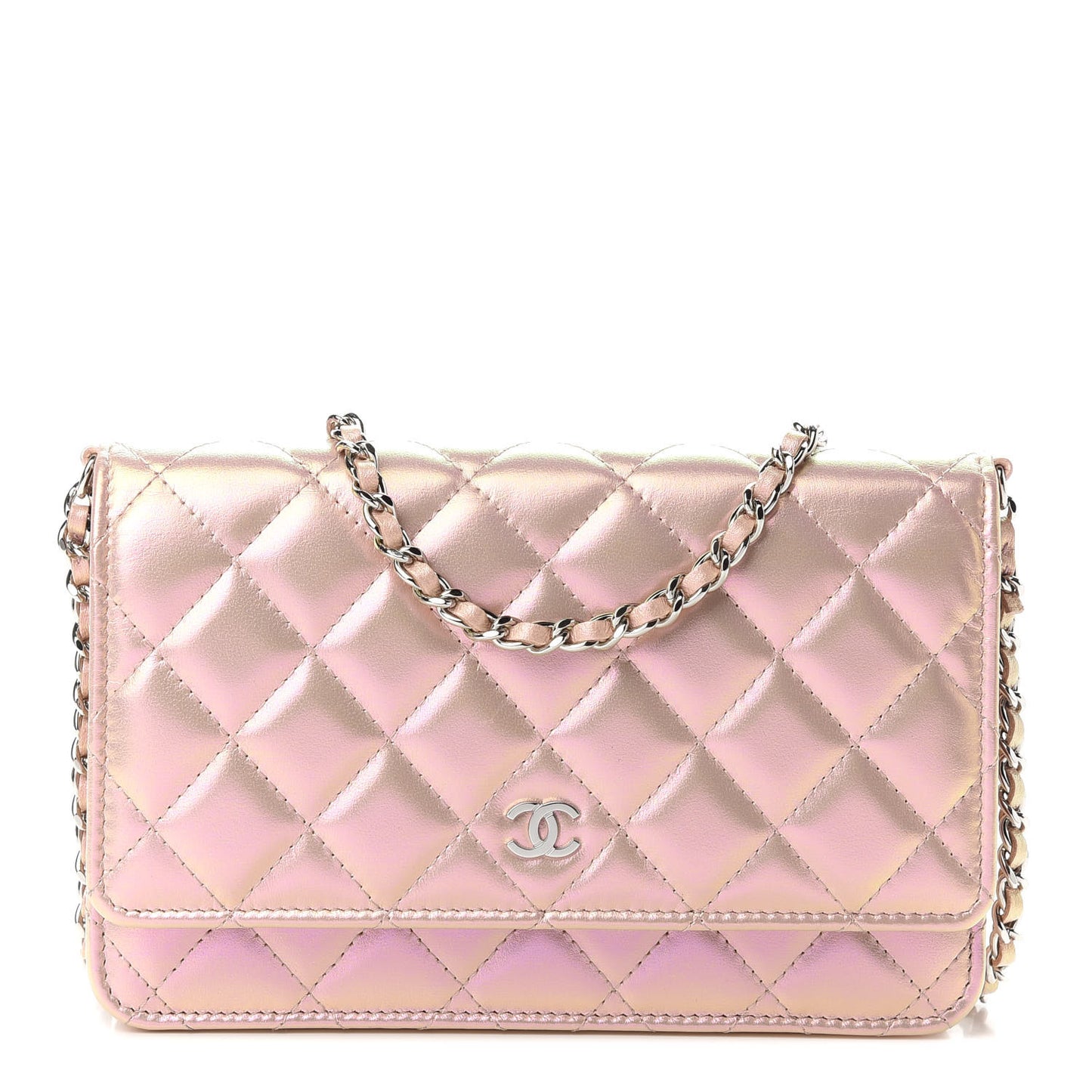 Iridescent Calfskin Quilted Wallet On Chain WOC Pink
