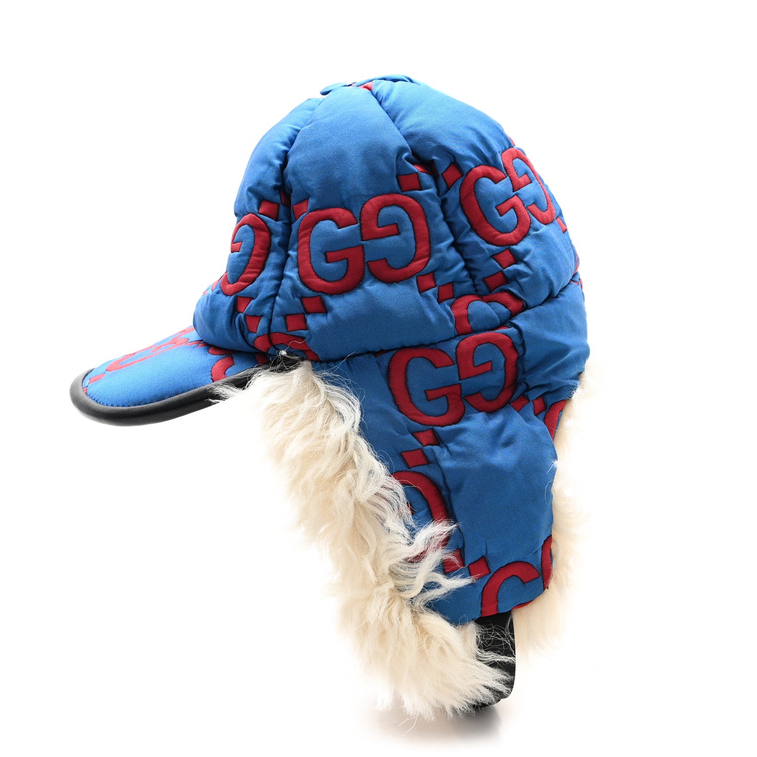 Gucci Nylon Shearling Padded GG Print Cap Hat S Blue Red 1740585