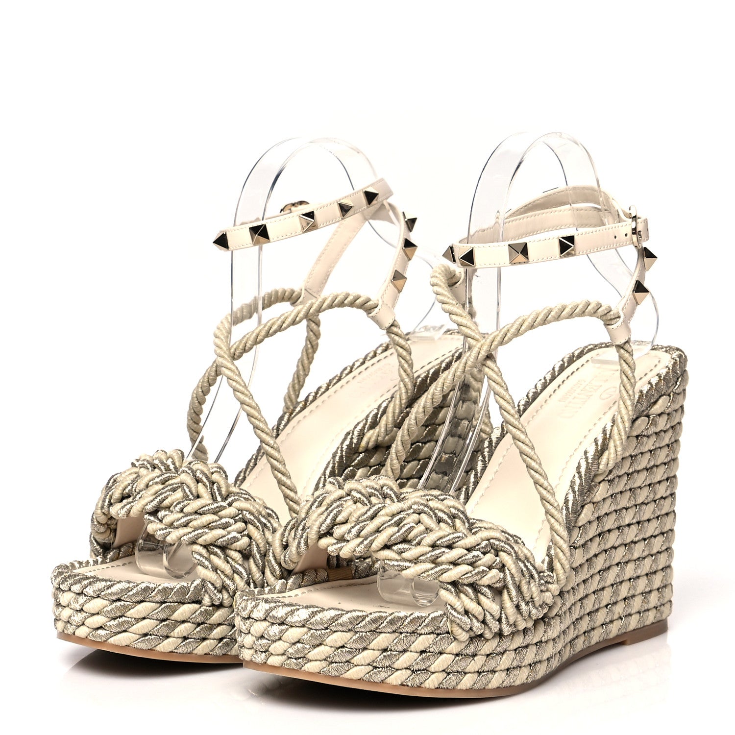 Valentino Garavani Braided Cotton Calfskin Rockstud Torchon Espadrille Wedge Sandals 40 Light Ivory 3 of 7