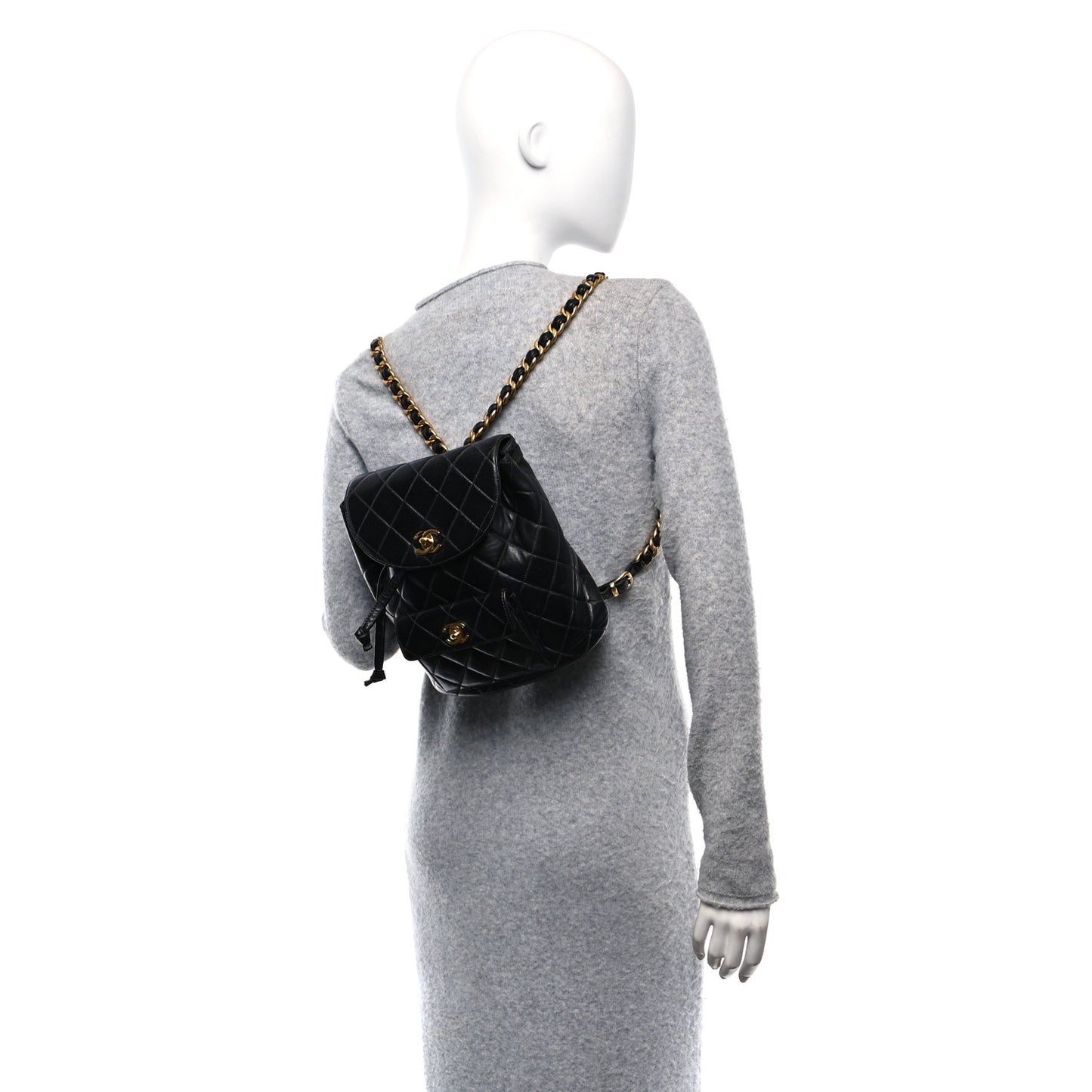 Lambskin Quilted Drawstring Backpack Black