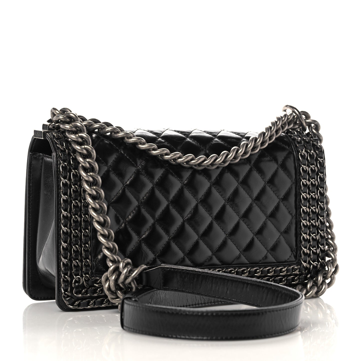 Glazed Calfskin Quilted Medium Boy Chained Flap Black