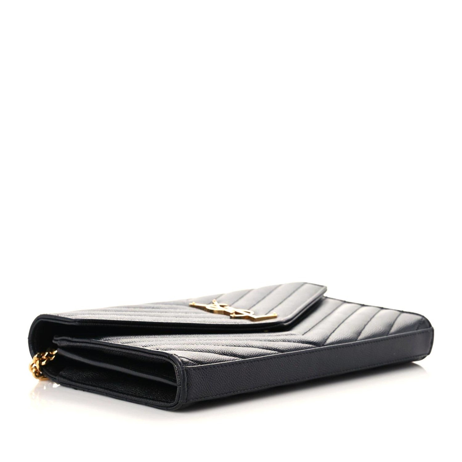 Saint Laurent Grain De Poudre Matelasse Chevron Monogram Chain Wallet Black 4 of 17