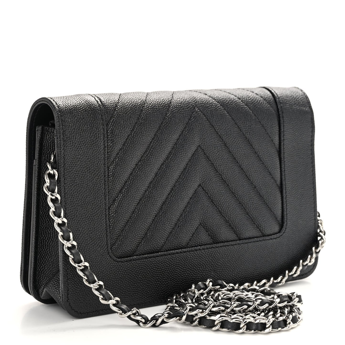 Metallic Caviar Chevron Quilted Vintage Mademoiselle Wallet On Chain WOC Charcoal