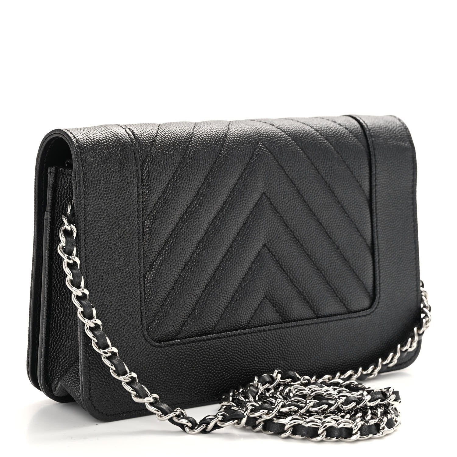 Chanel Metallic Caviar Chevron Quilted Vintage Mademoiselle Wallet On Chain WOC Charcoal 3 of 10