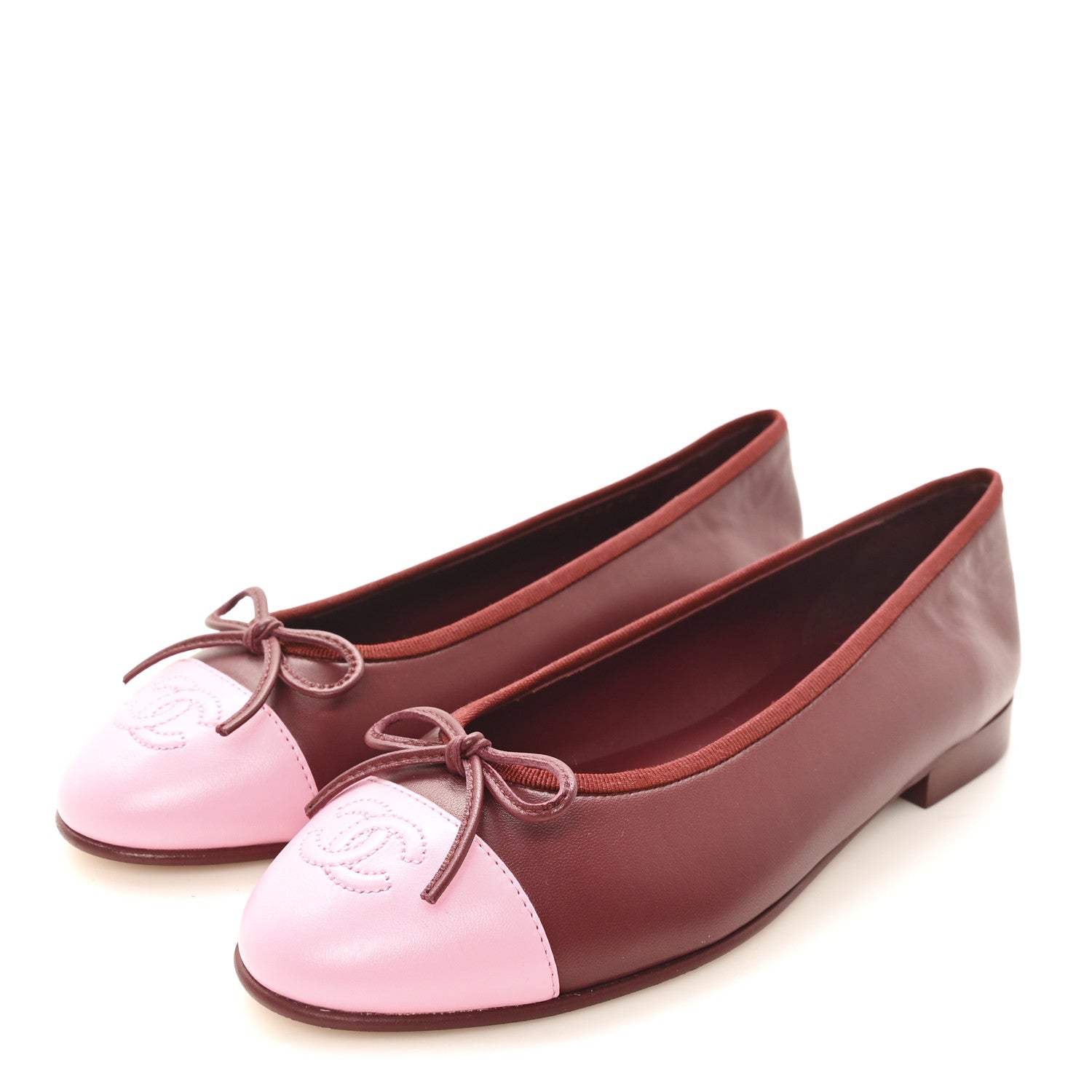 Chanel Lambskin Cap Toe CC Ballerina Flats 37 Burgundy Pink 4 of 10