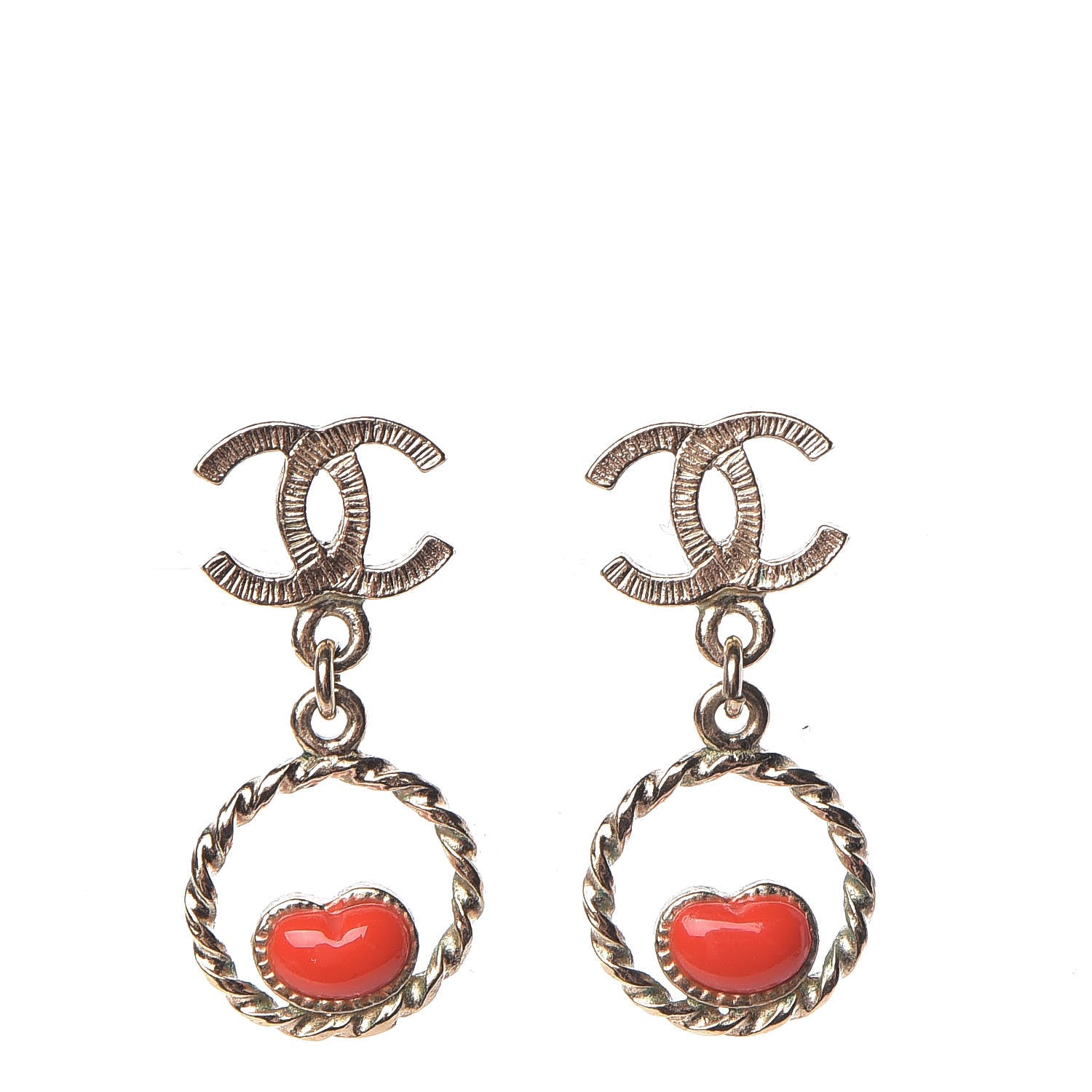 Chanel Enamel CC Heart Drop Earrings Red Gold 1 of 5