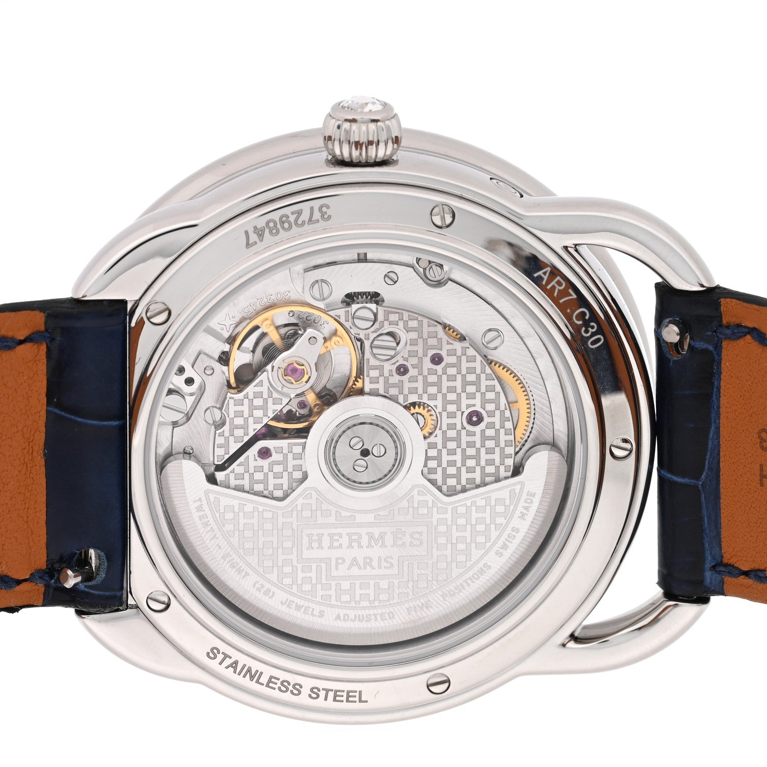 Hermes Stainless Steel Alligator Diamond Bezel Blue Mother of Pearl 38mm Arceau Petite Lune Automatic Watch Bleu Saphir 4 of 5