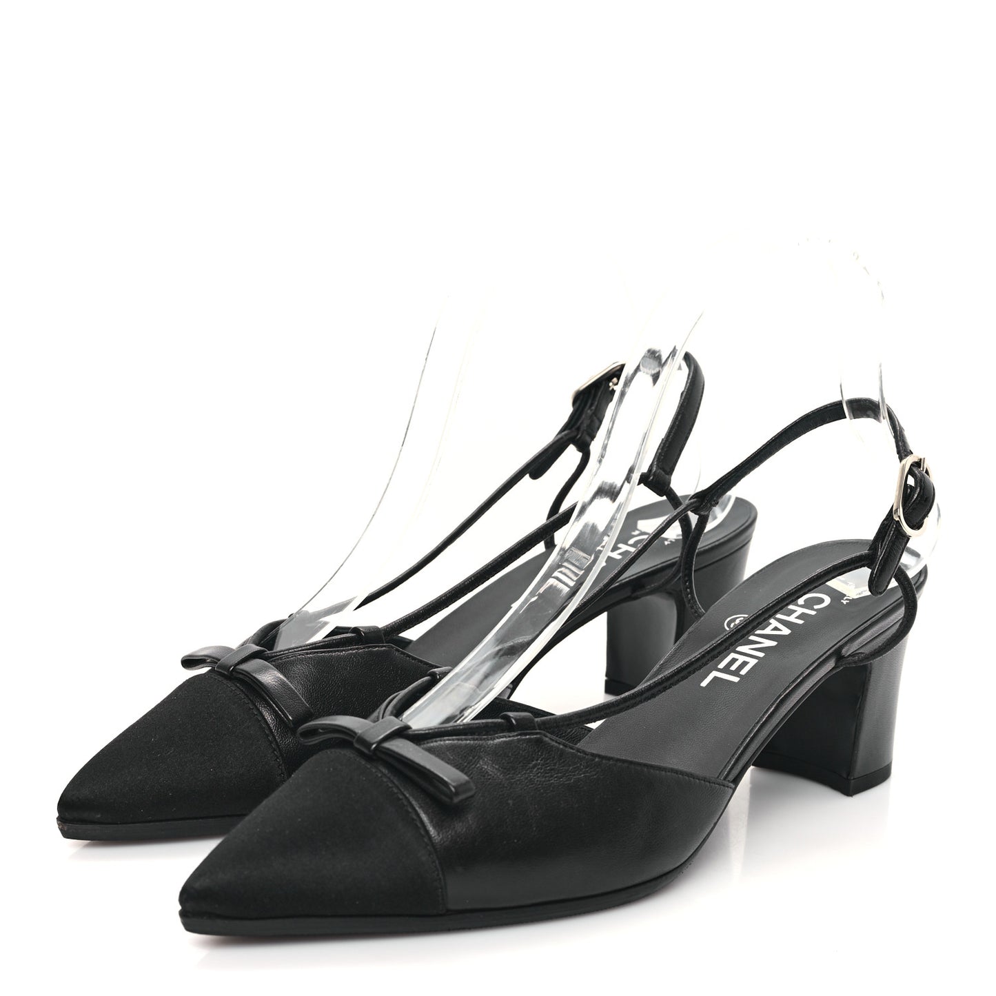 Lambskin Satin Slingback Cap Toe Bow Pumps 38.5 Black