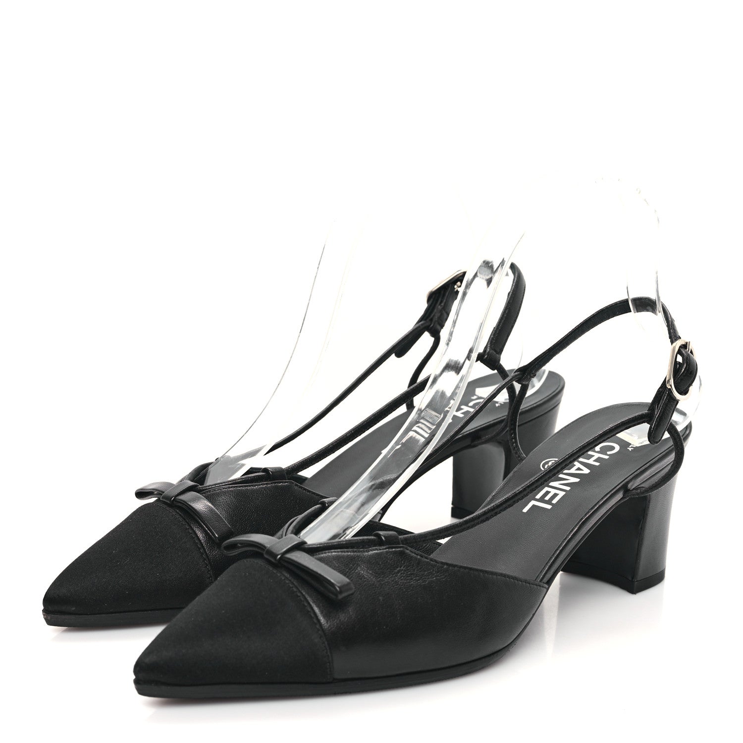 Chanel Lambskin Satin Slingback Cap Toe Bow Pumps 38.5 Black 4 of 9