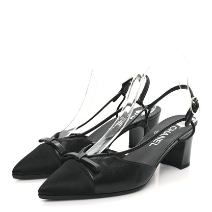 Chanel Lambskin Satin Slingback Cap Toe Bow Pumps 38.5 Black 4 of 9
