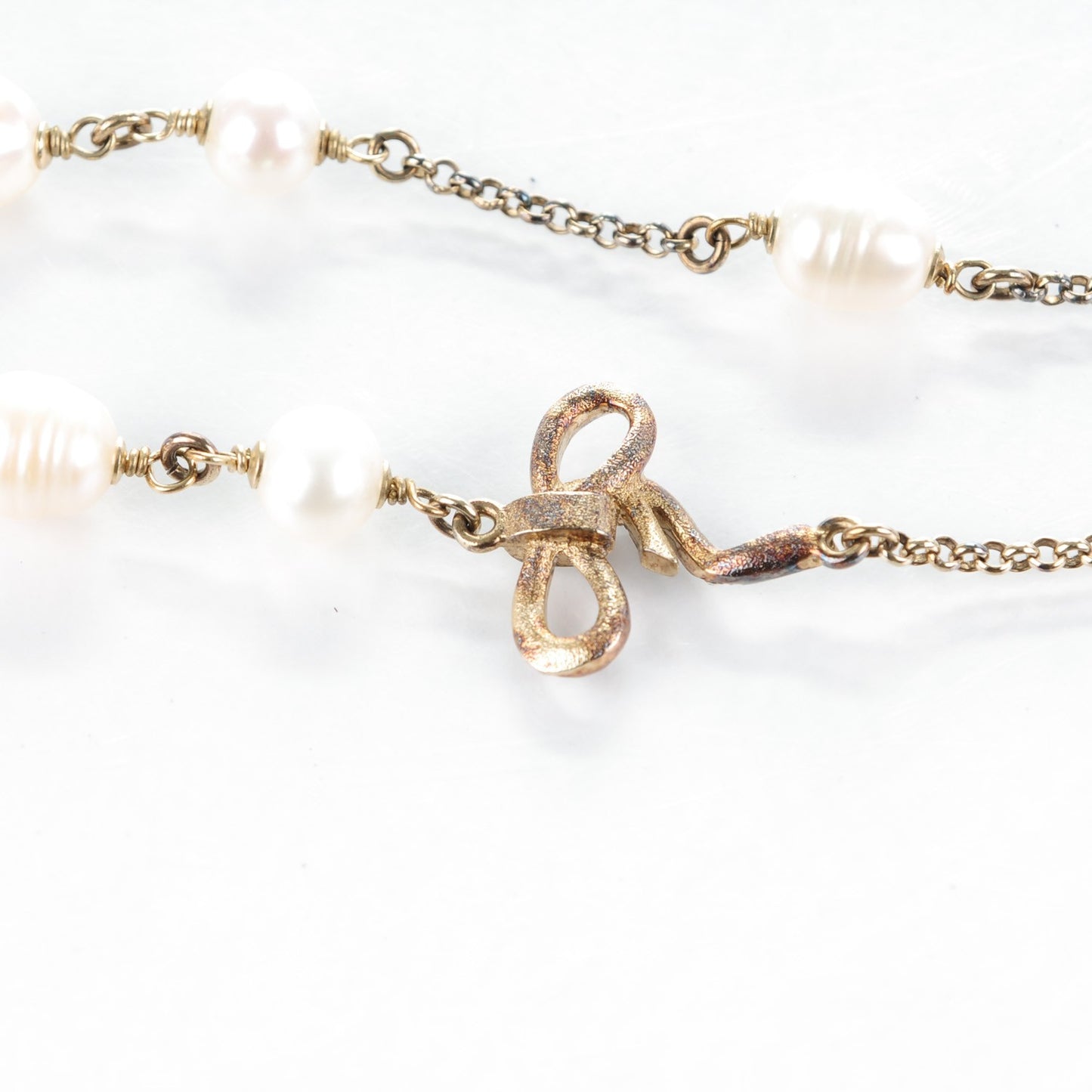 Crystal Pearl CC Bow Long Necklace Light Gold
