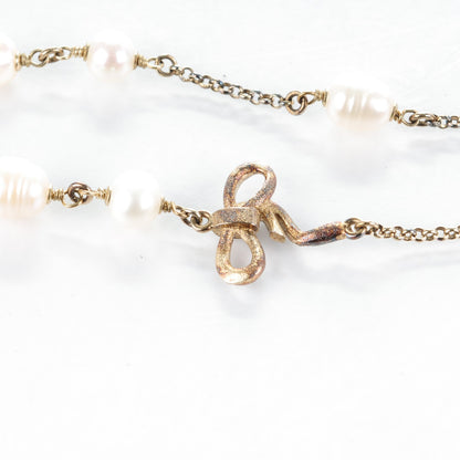 Chanel Crystal Pearl CC Bow Long Necklace Light Gold 6 of 7