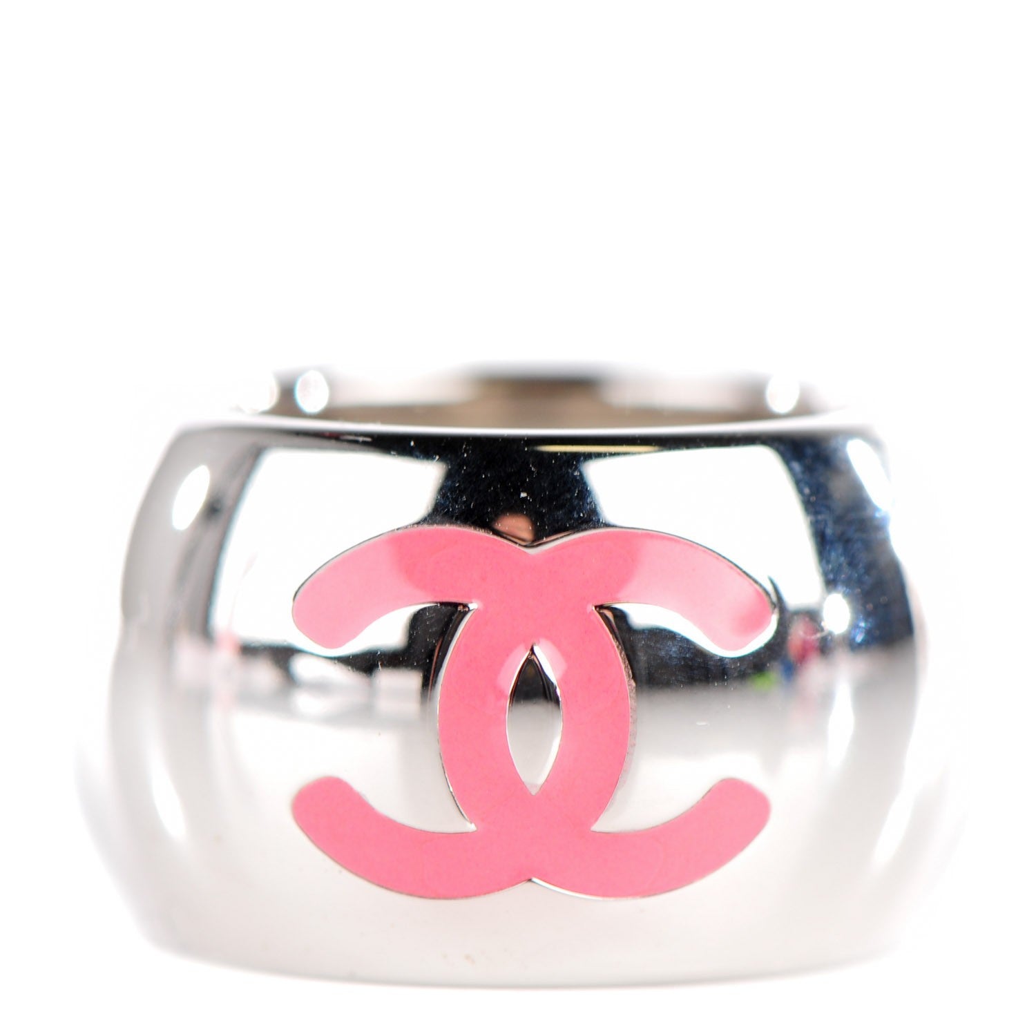 Chanel Metal Enamel Valentine CC Ring 6.5 Silver Pink 1 of 4