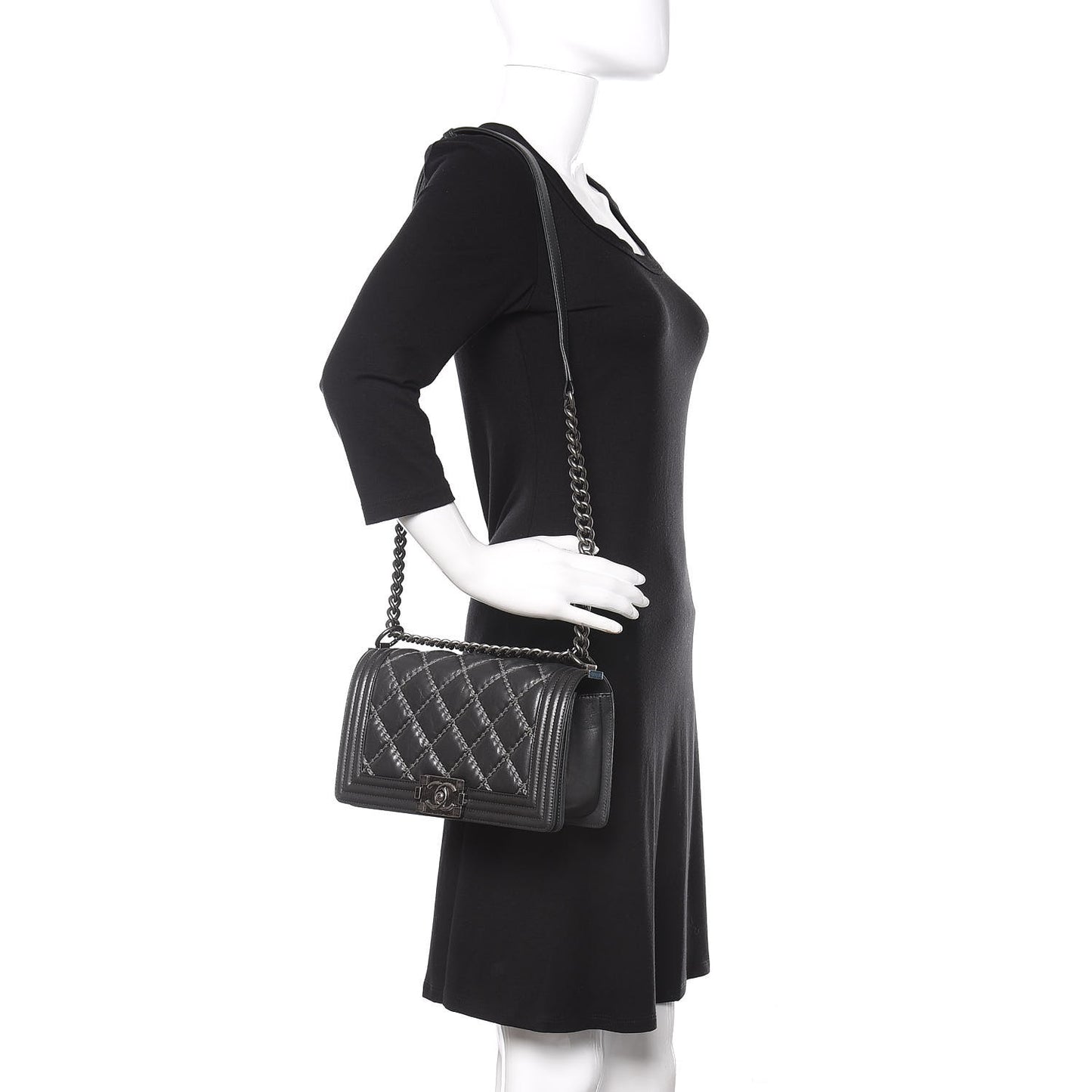 Iridescent Calfskin Embellished Double Stitch Medium Boy Flap Black