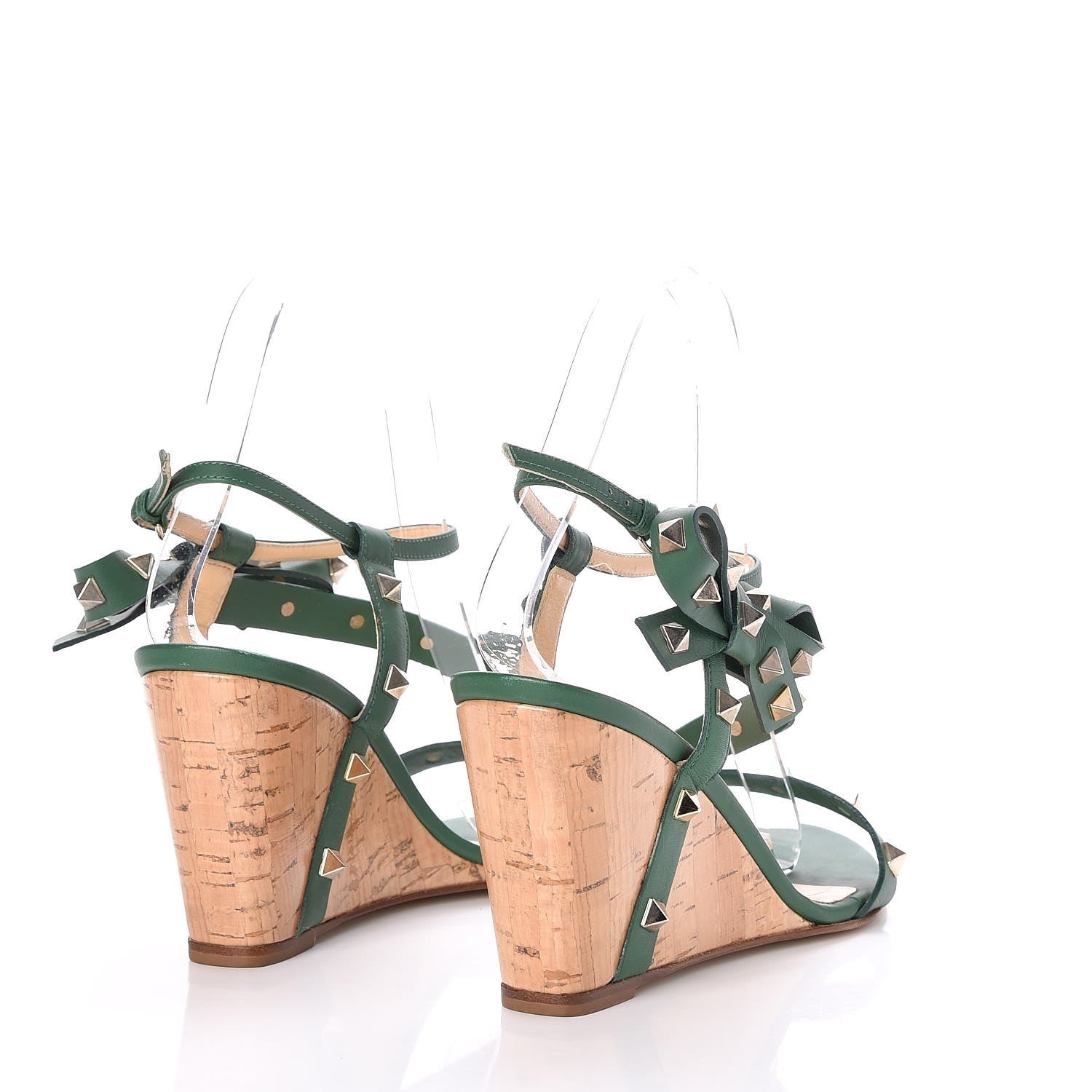 Valentino Garavani Vitello Rockstud Asymmetric Bow Wedge Sandals 37 Green 4 of 7