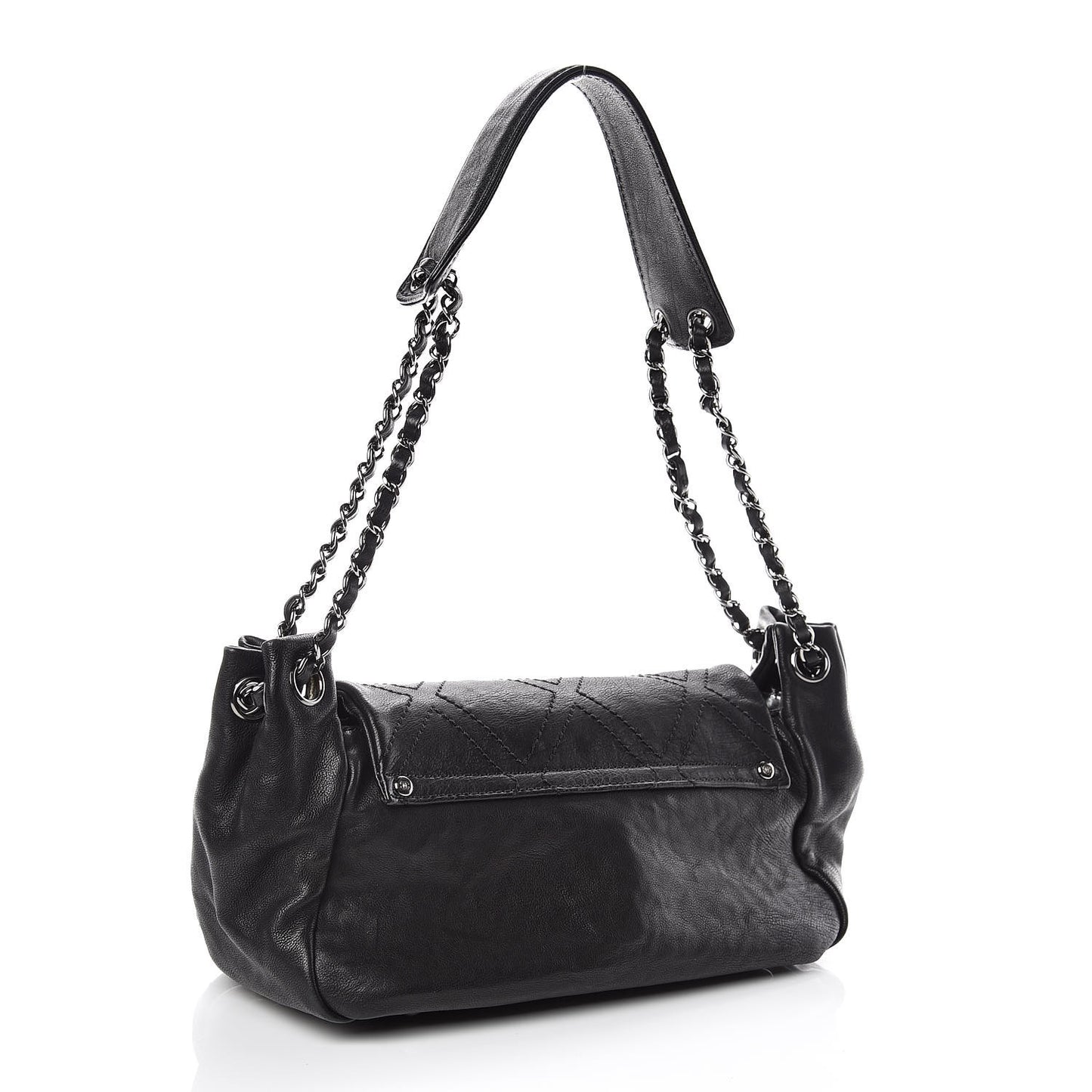 Calfskin Diamond Stitch Accordion Flap Black