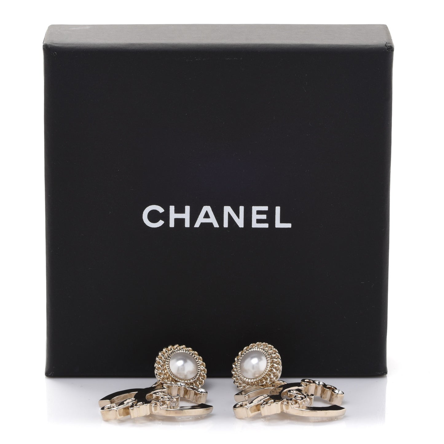 Metal Pearl Crystal Coco Script CC Drop Earrings Gold