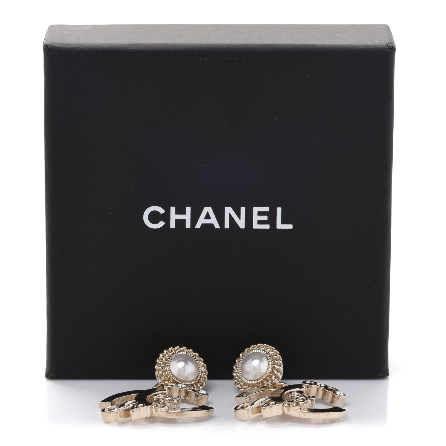 Chanel Metal Pearl Crystal Coco Script CC Drop Earrings Gold 5 of 5