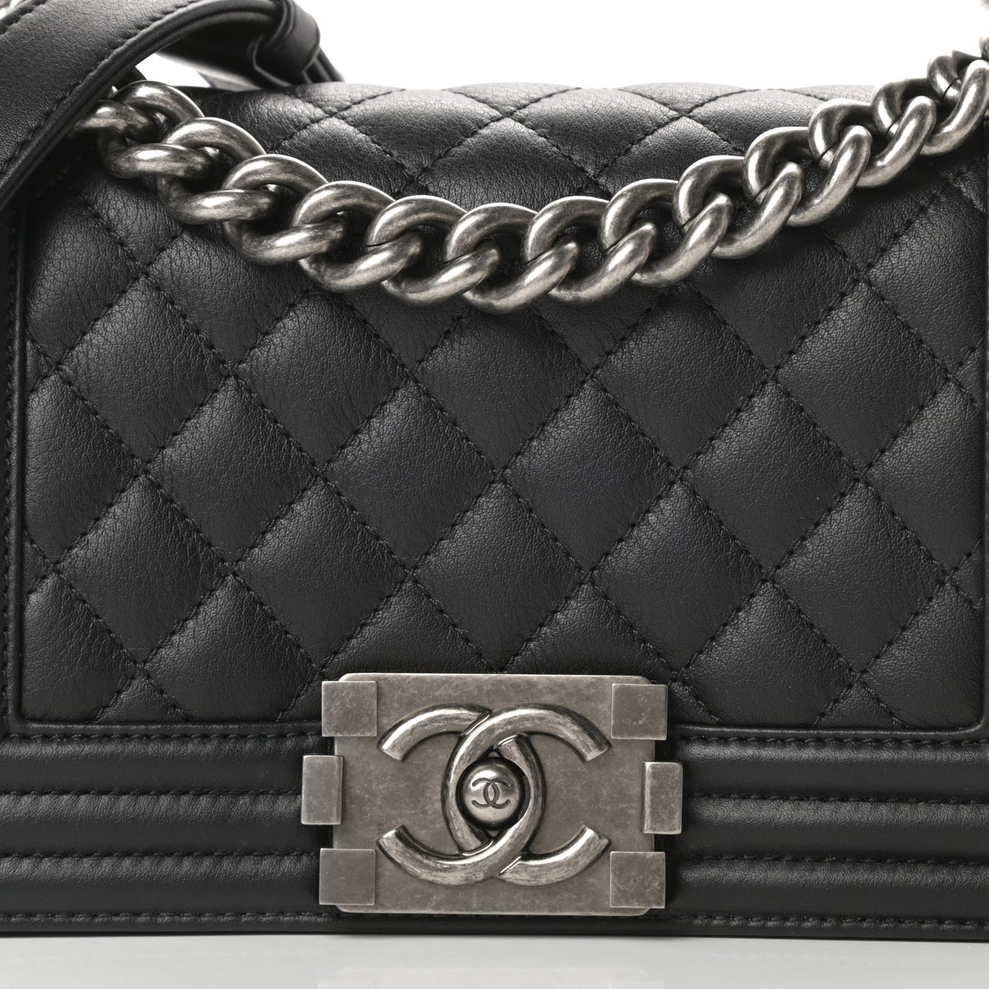 Calfskin Quilted Small Boy Flap Black