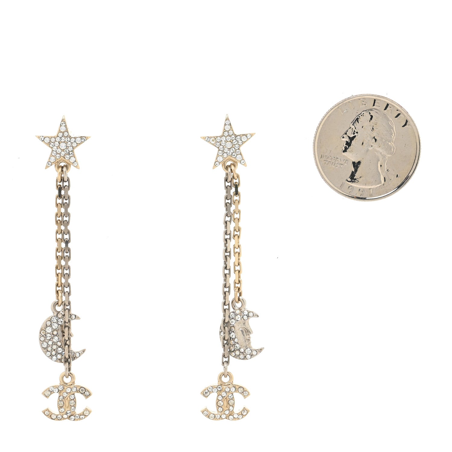 Chanel Crystal CC Star Moon Dangle Earrings Silver Gold 2 of 4