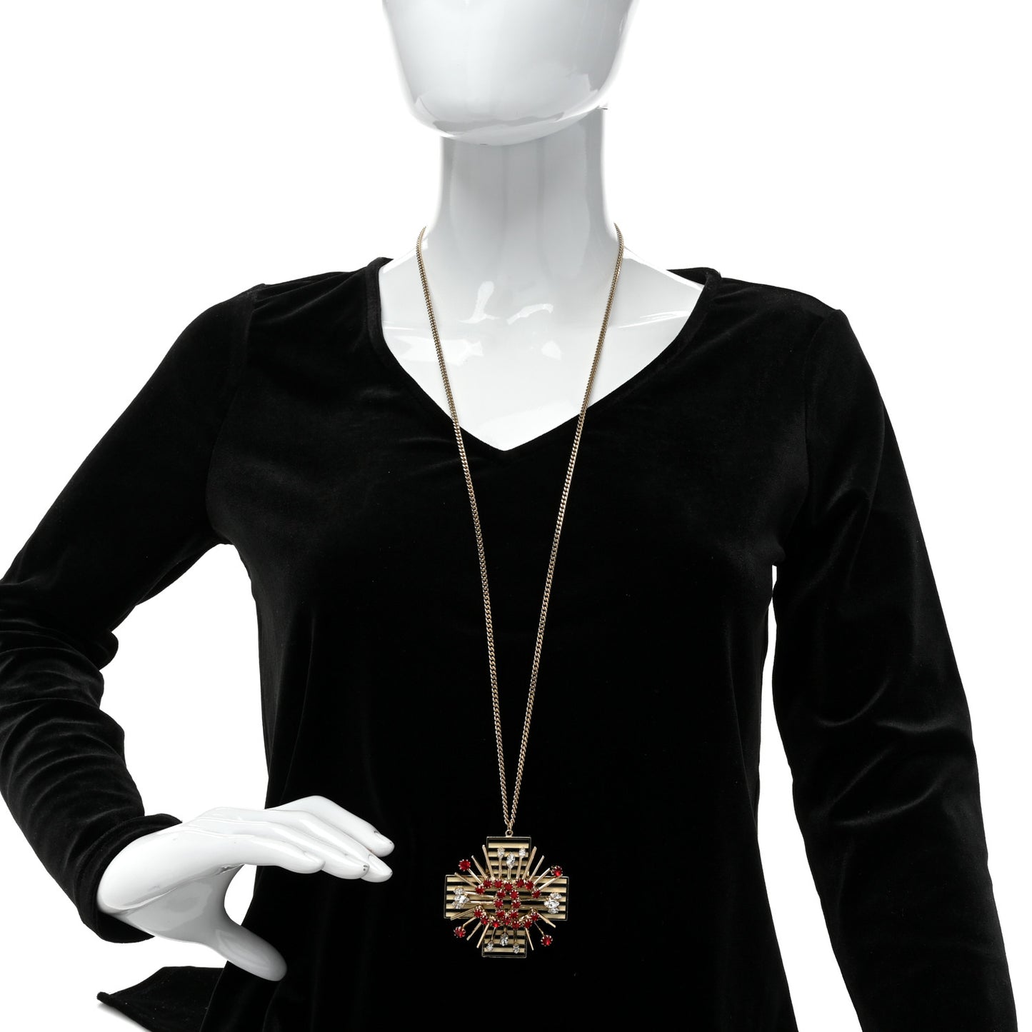 Crystal Cross CC Pendant Necklace Gold Red