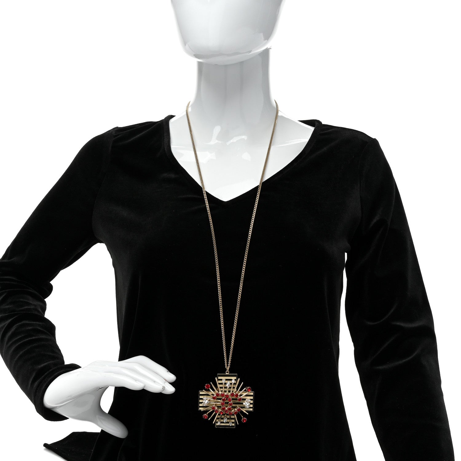 Chanel Crystal Cross CC Pendant Necklace Gold Red 3 of 6