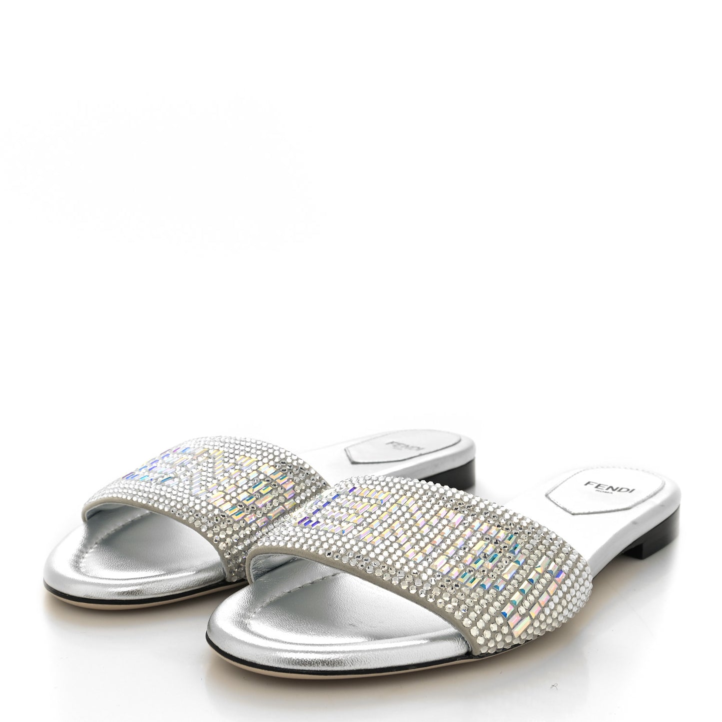 Laminated Goatskin Baguette Crystal Embroidered Signature Flat Slide Sandals 38 Silver