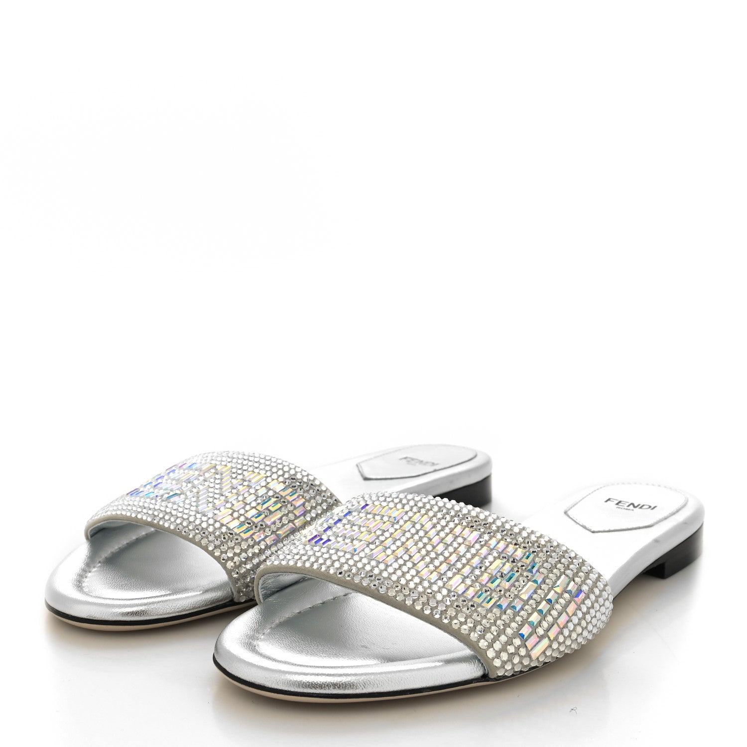 Fendi Laminated Goatskin Baguette Crystal Embroidered Signature Flat Slide Sandals 38 Silver 3 of 7