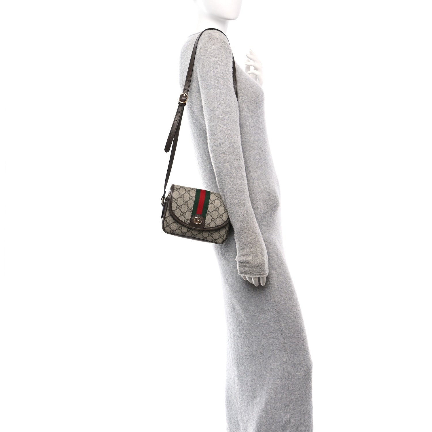 Gucci GG Supreme Monogram Textured Dollar Calfskin Mini Ophidia Flap Shoulder Bag Beige Ebony New Acero 2 of 11