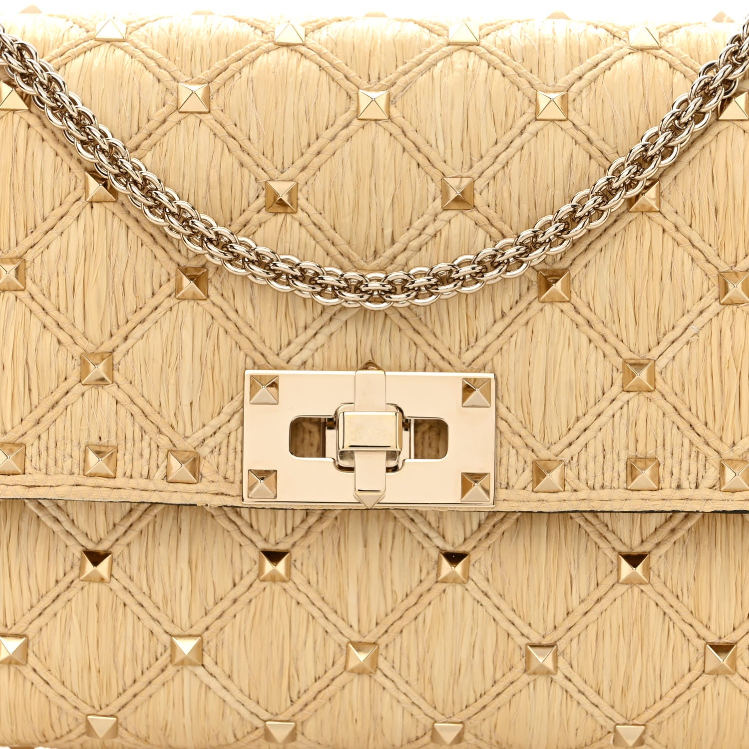 Valentino Garavani Raffia Lambskin Rockstud Spike Wallet on Chain Naturale 7 of 9