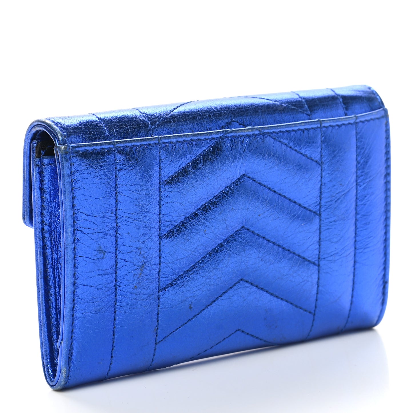 Metallic Goatskin Mixed Matelasse Chevron Small Monogram Envelope Wallet Blue