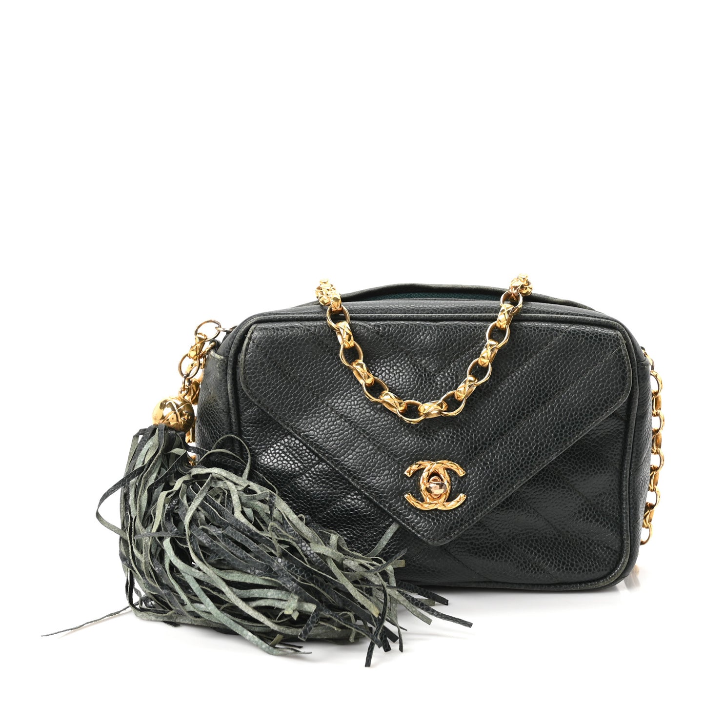 Caviar Chevron Quilted Tassel Camera Case Dark Green