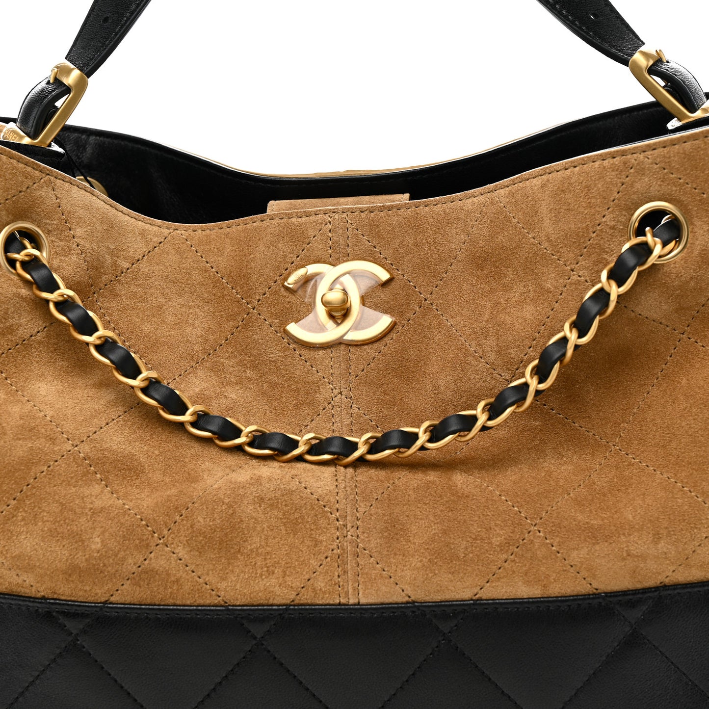 Suede Calfskin Shiny Lambskin Quilted Small Coco Base Shopping Bag Beige Black