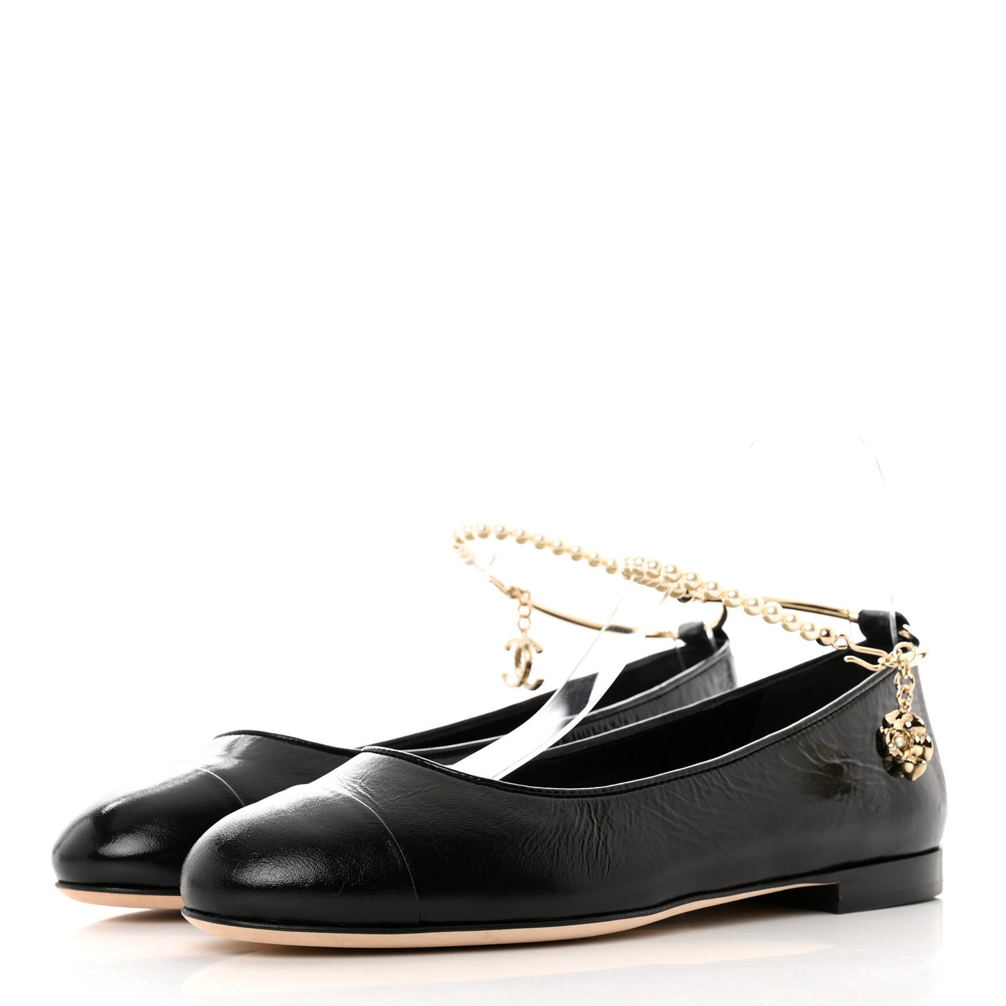 Patent Calfskin Cap Toe Ankle Chain Ballerina Flats 38 Black