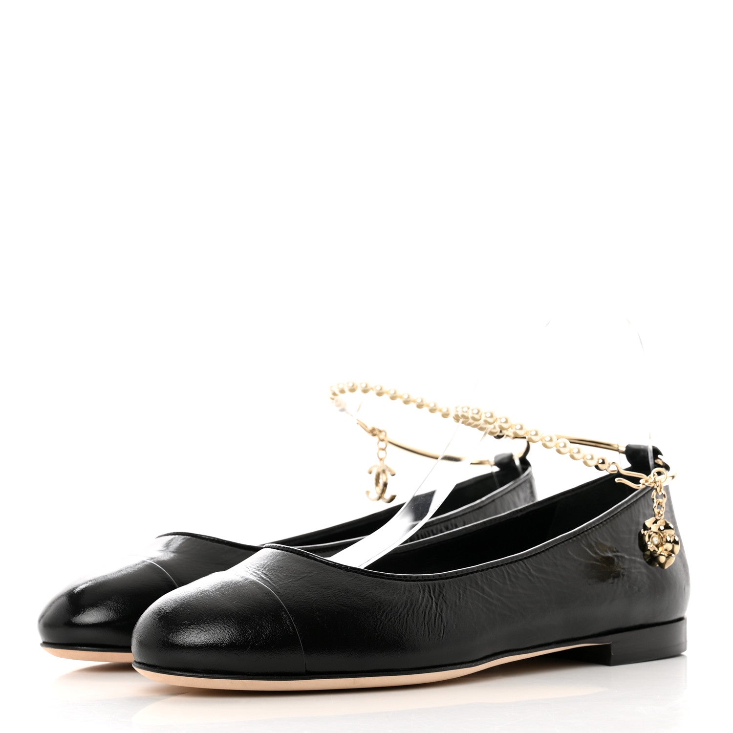 Chanel Patent Calfskin Cap Toe Ankle Chain Ballerina Flats 38 Black 3 of 9