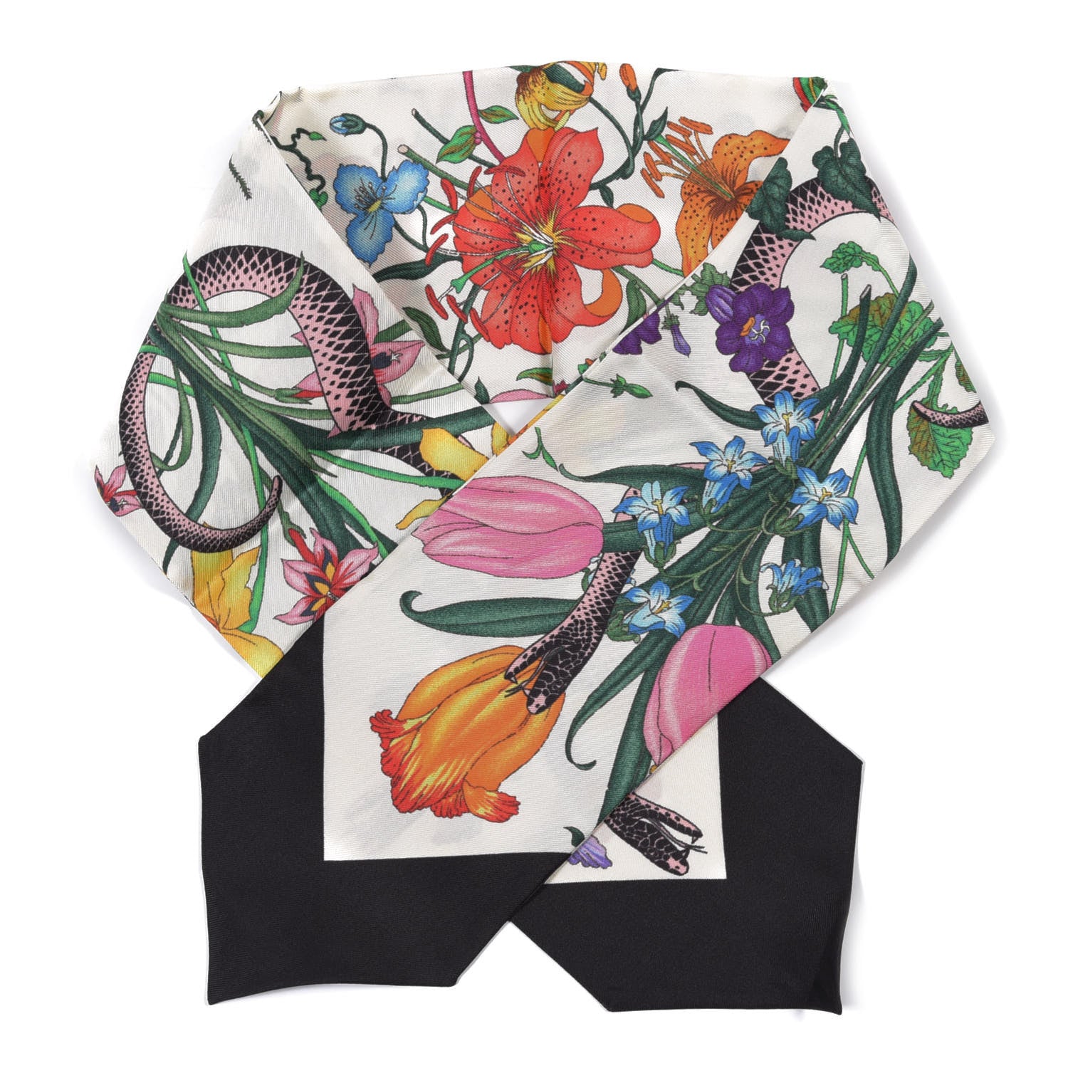 Gucci Silk Twill Flora Snake Neck Bow Scarf Ivory Black 1 of 4