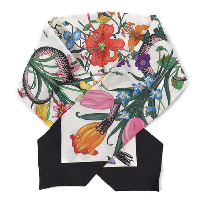 Gucci Silk Twill Flora Snake Neck Bow Scarf Ivory Black 1 of 4