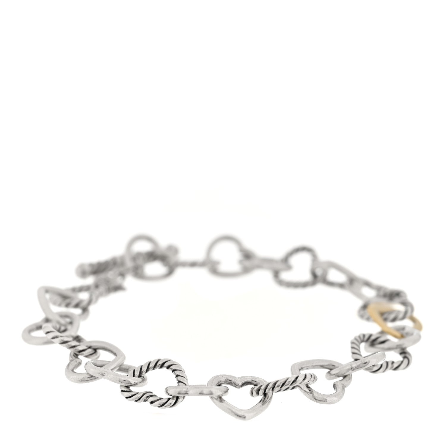 David Yurman Sterling Silver 18K Yellow Gold Cable Heart Link Bracelet 1 of 3