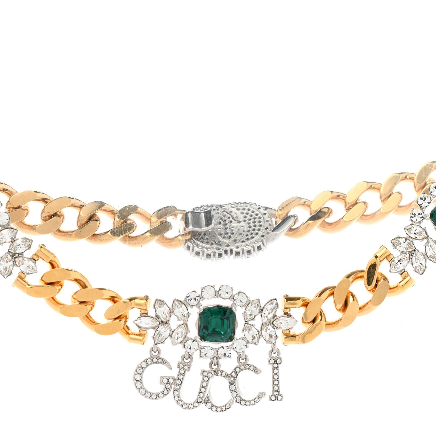 Crystals Gucci Script Choker Necklace Gold Green