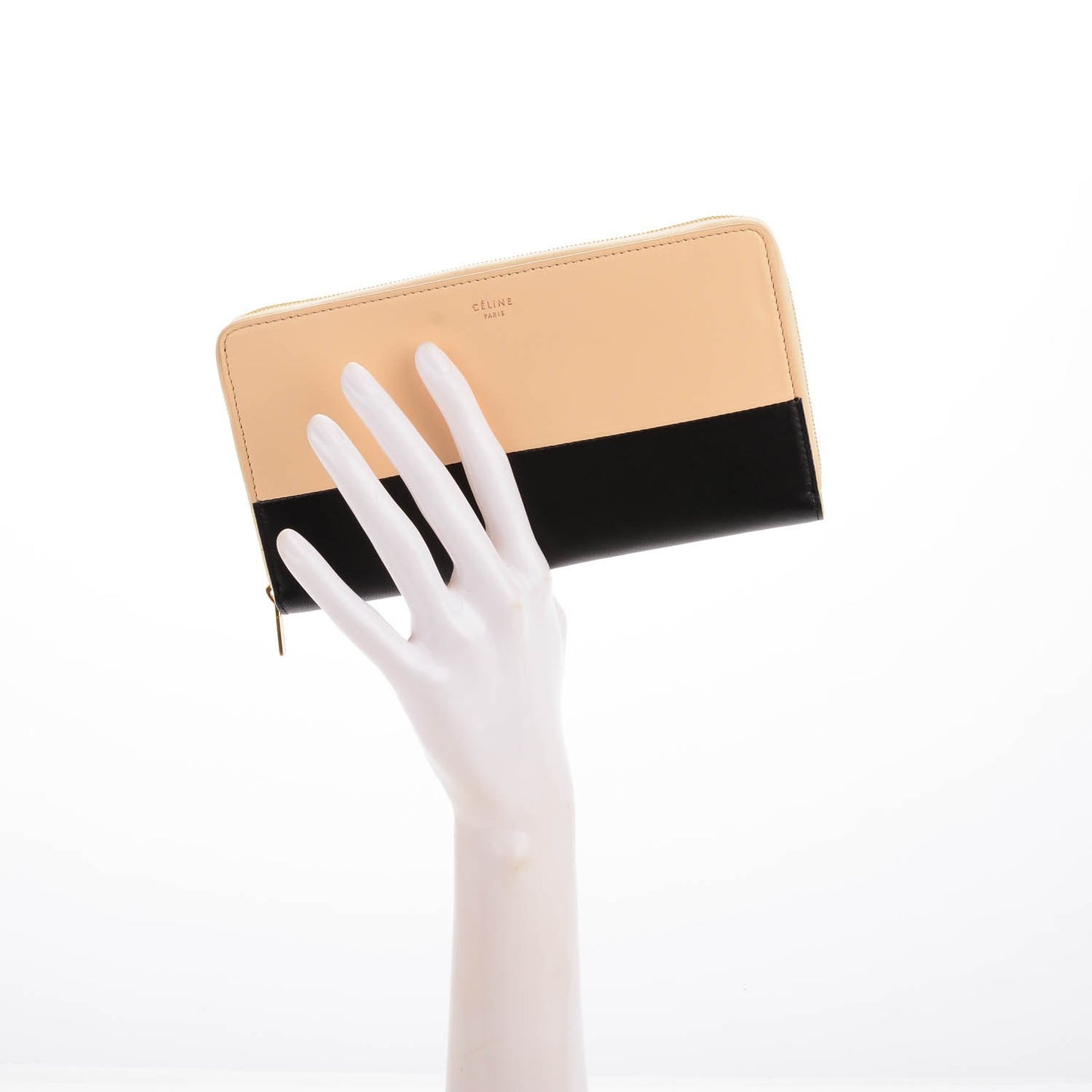 Lambskin Large Zip Around Multifunction Wallet Beige Black
