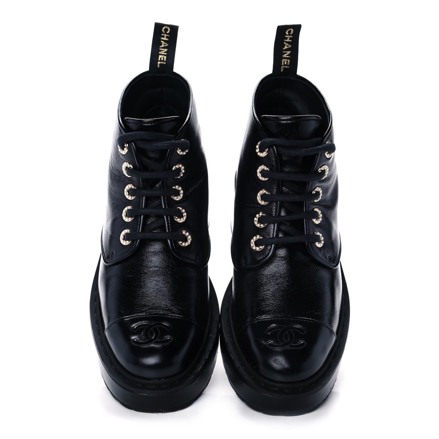 Shiny Calfskin Pearl Lace Up Combat Short Boots 38.5 Black